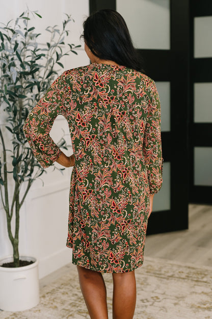 Hazel Blues® |  Lizzy Long Sleeve Dress in Olive Paisley