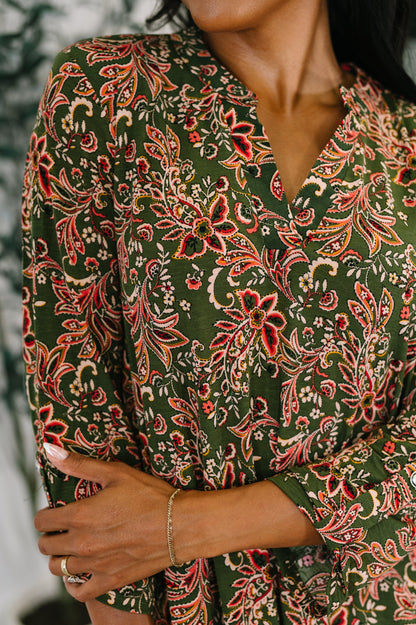 Hazel Blues® |  Lizzy Long Sleeve Dress in Olive Paisley