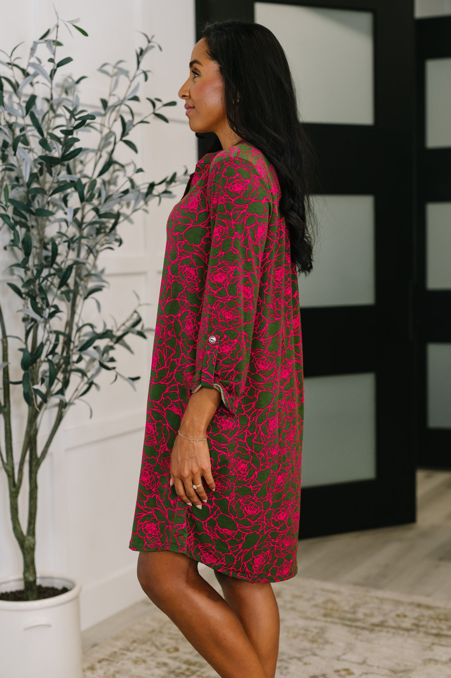 Hazel Blues® |  Lizzy Long Sleeve Dress in Pink and Olive Abstract Floral