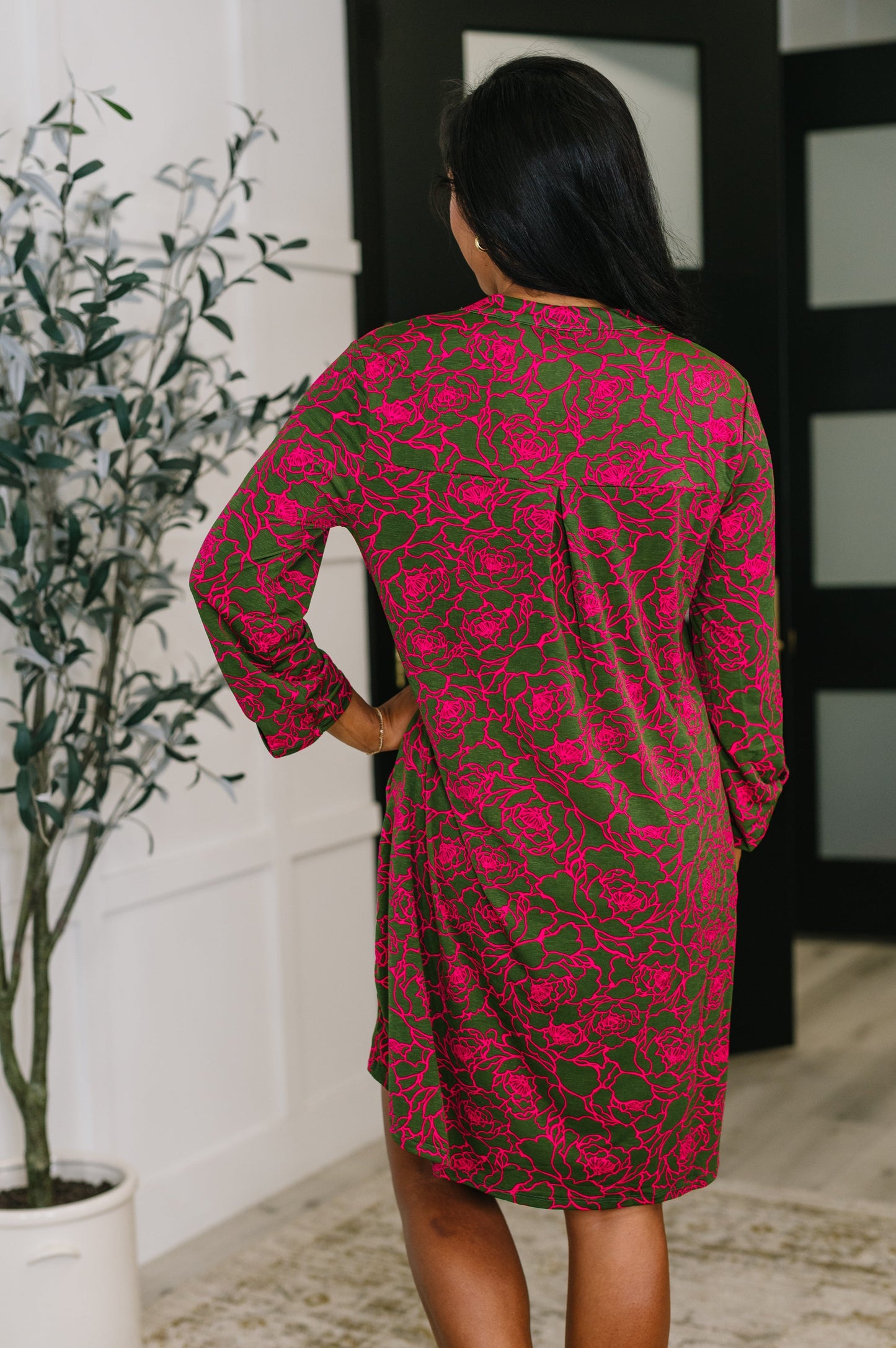 Hazel Blues® |  Lizzy Long Sleeve Dress in Pink and Olive Abstract Floral