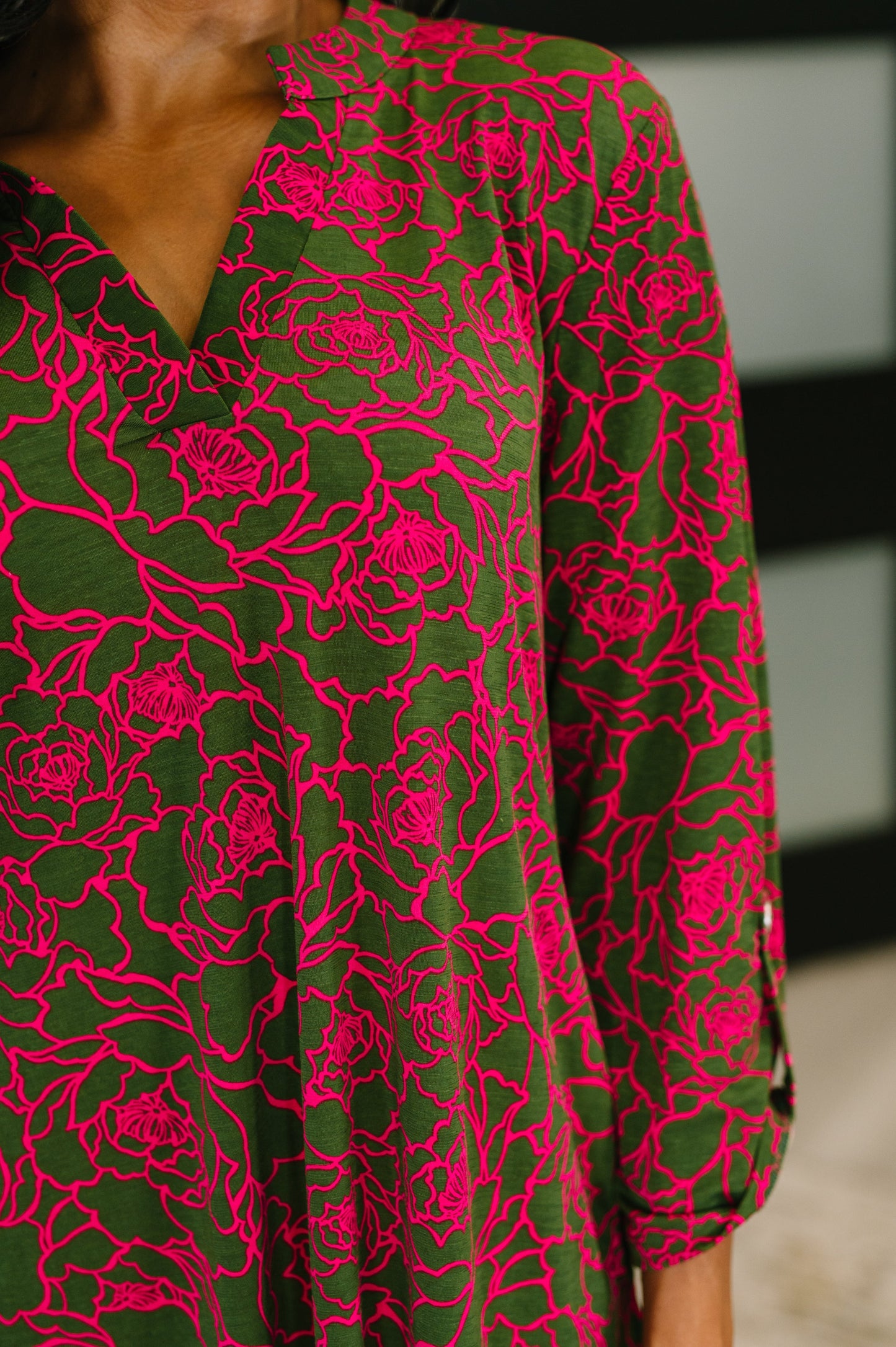 Hazel Blues® |  Lizzy Long Sleeve Dress in Pink and Olive Abstract Floral