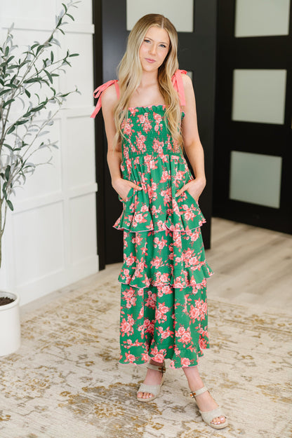 Hazel Blues® |  Low Effort, High Impact Tiered Dress in Green/Coral