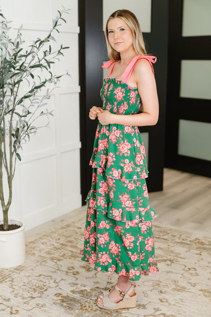 Hazel Blues® |  Low Effort, High Impact Tiered Dress in Green/Coral