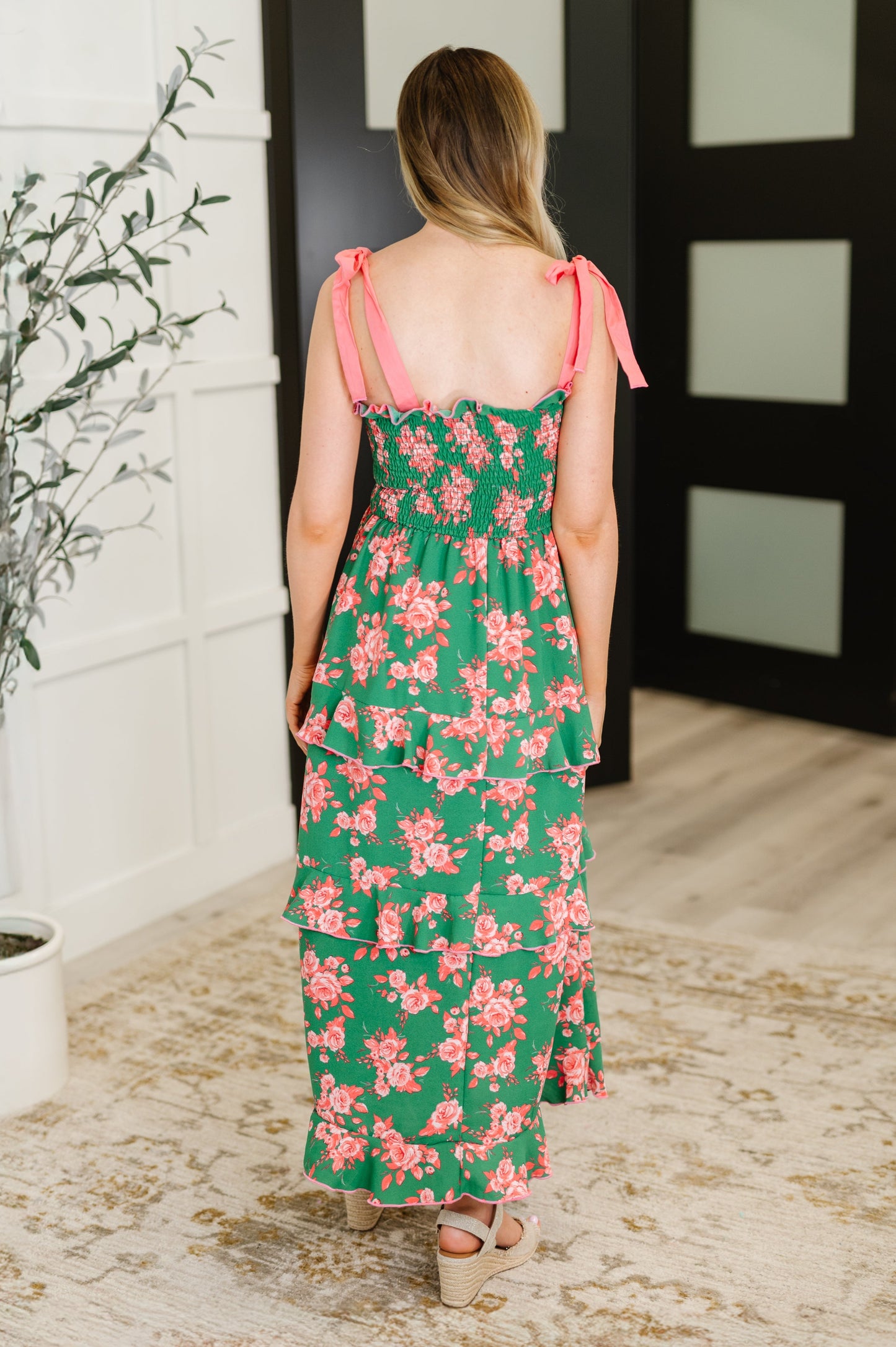 Hazel Blues® |  Low Effort, High Impact Tiered Dress in Green/Coral