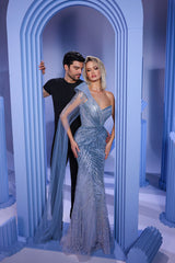 Modessa Couture M24643 Beaded Long Mermaid Formal Cape Prom Dress