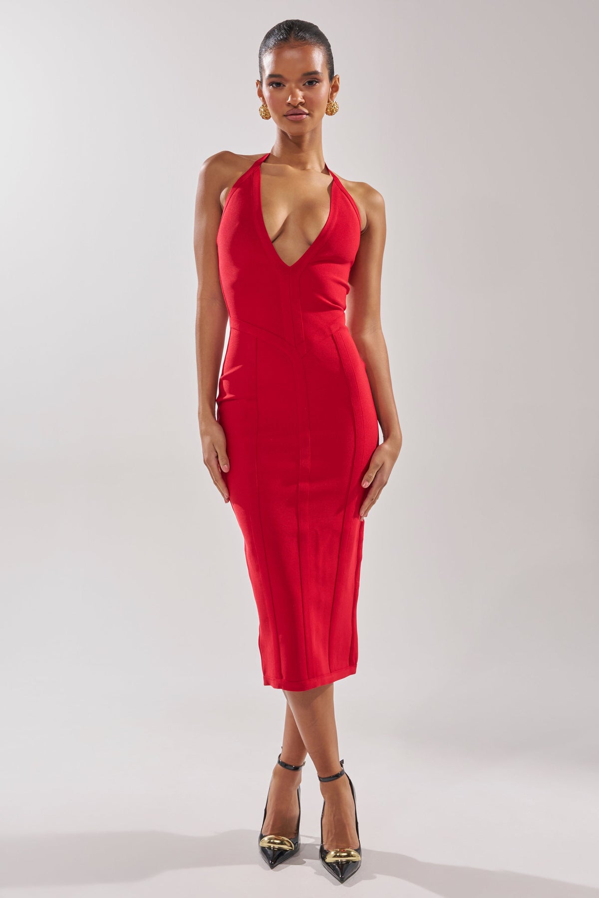 TIA BANDAGE MIDI DRESS IN RED