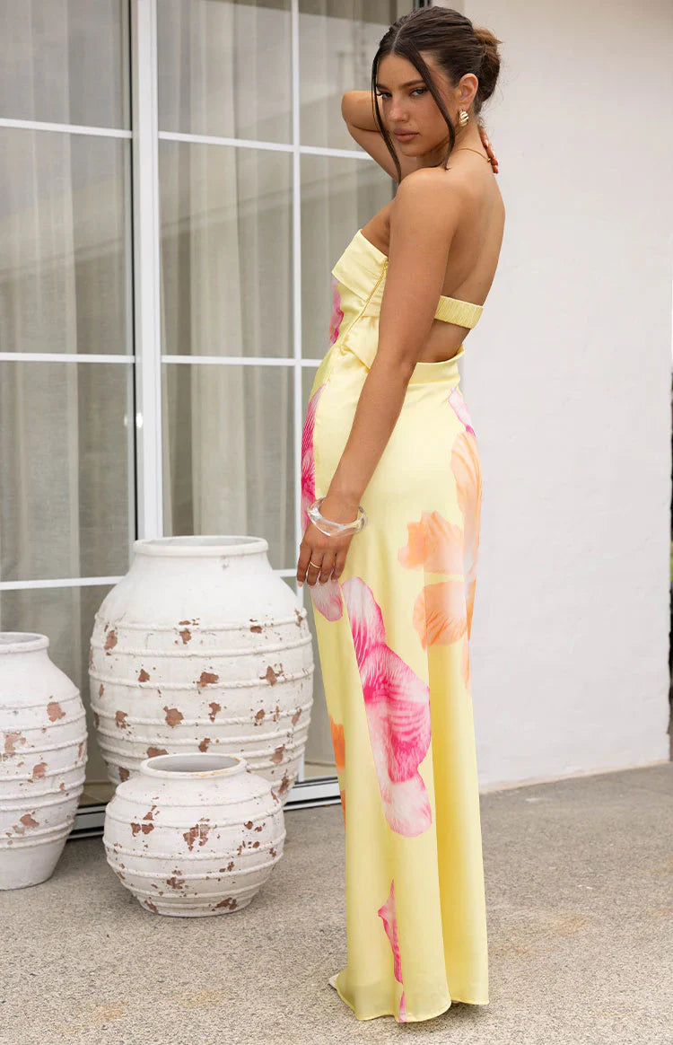 Maiah Yellow Hibiscus Floral Print Maxi Dress