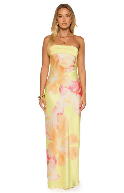 Maiah Yellow Hibiscus Floral Print Maxi Dress