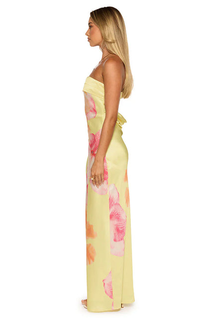 Maiah Yellow Hibiscus Floral Print Maxi Dress