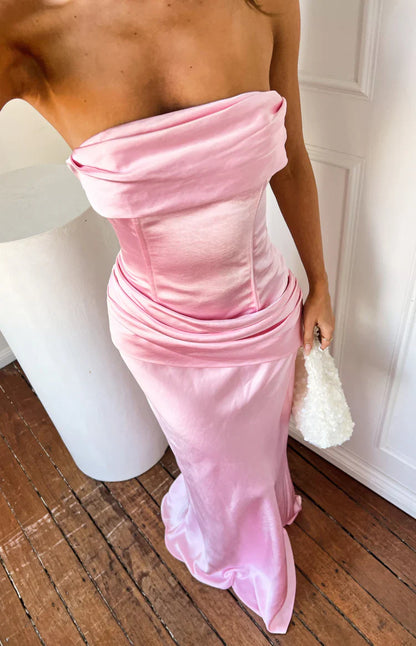 Malorie Pink Satin Strapless Maxi Dress