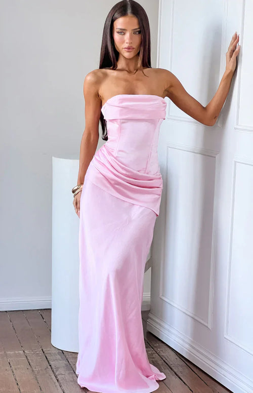 Malorie Pink Satin Strapless Maxi Dress