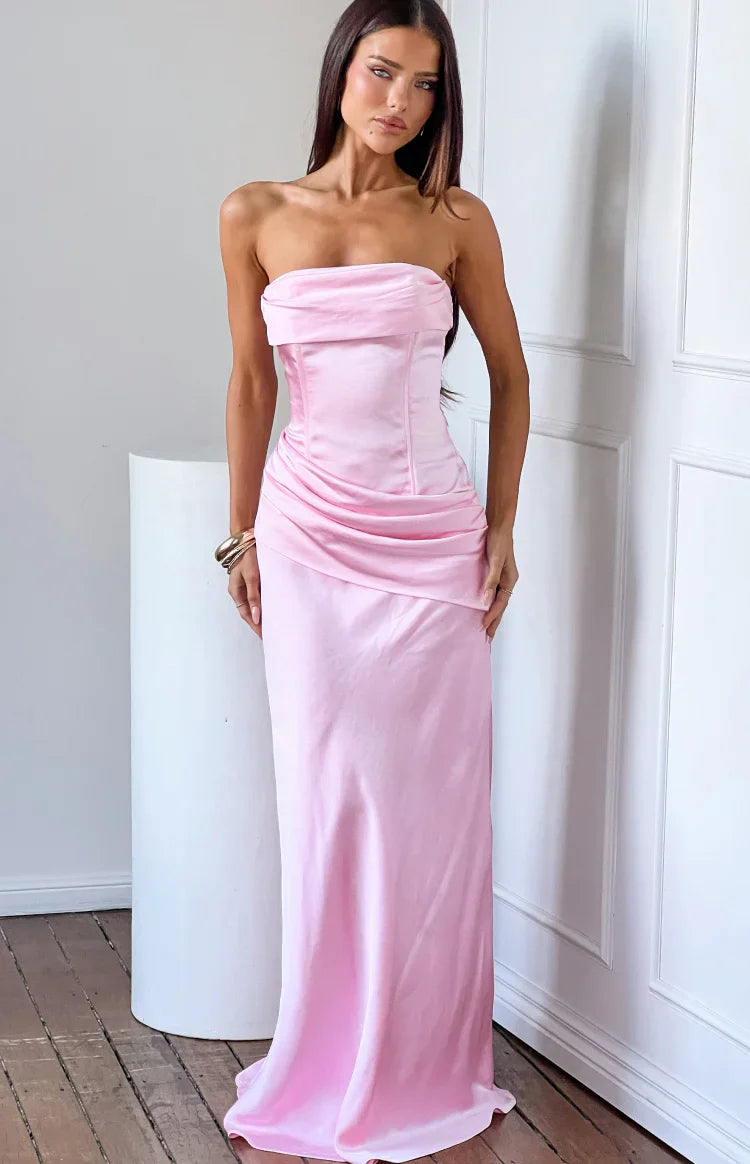 Malorie Pink Satin Strapless Maxi Dress