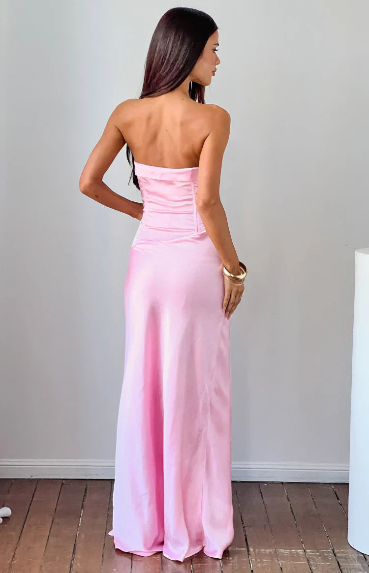 Malorie Pink Satin Strapless Maxi Dress