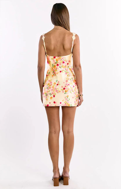 Marbelle Yellow Bloom Satin Mini Dress