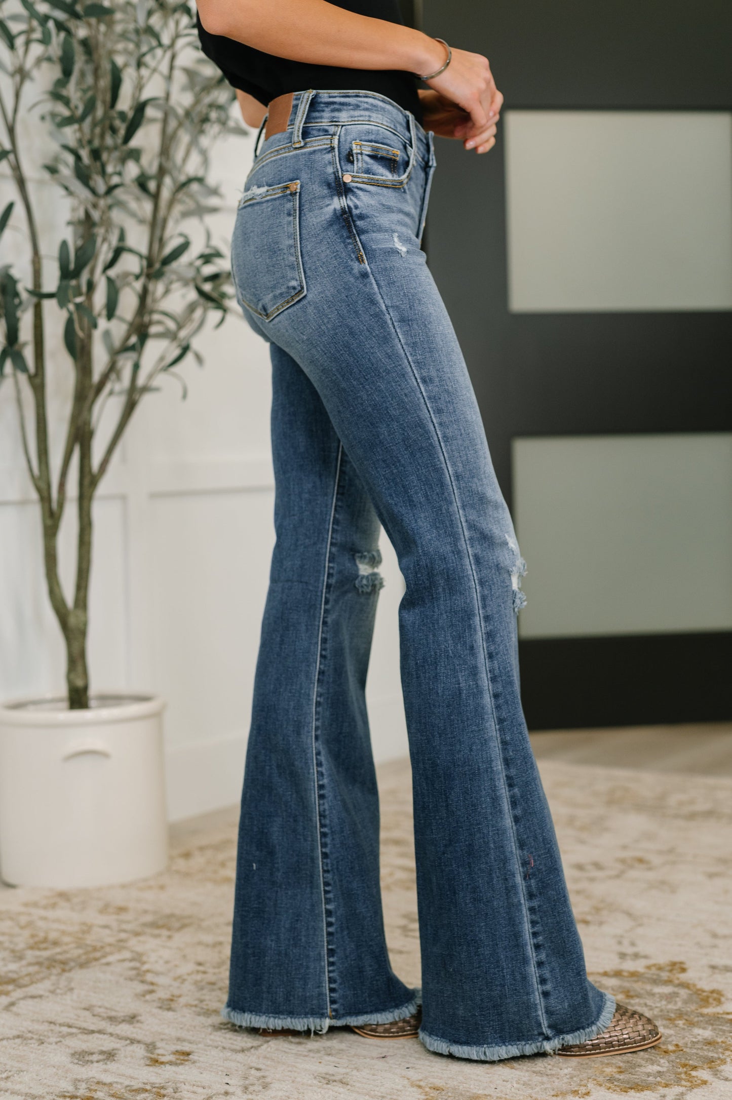Hazel Blues® |  Marion Mid Rise Button Fly Flare with Destroy Fray Hem