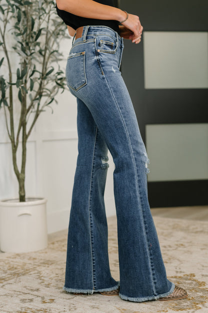 Hazel Blues® |  Marion Mid Rise Button Fly Flare with Destroy Fray Hem