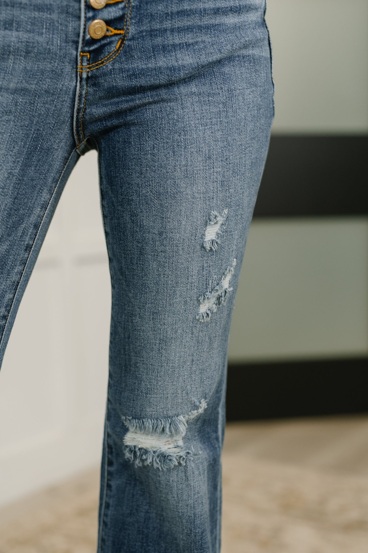 Hazel Blues® |  Marion Mid Rise Button Fly Flare with Destroy Fray Hem