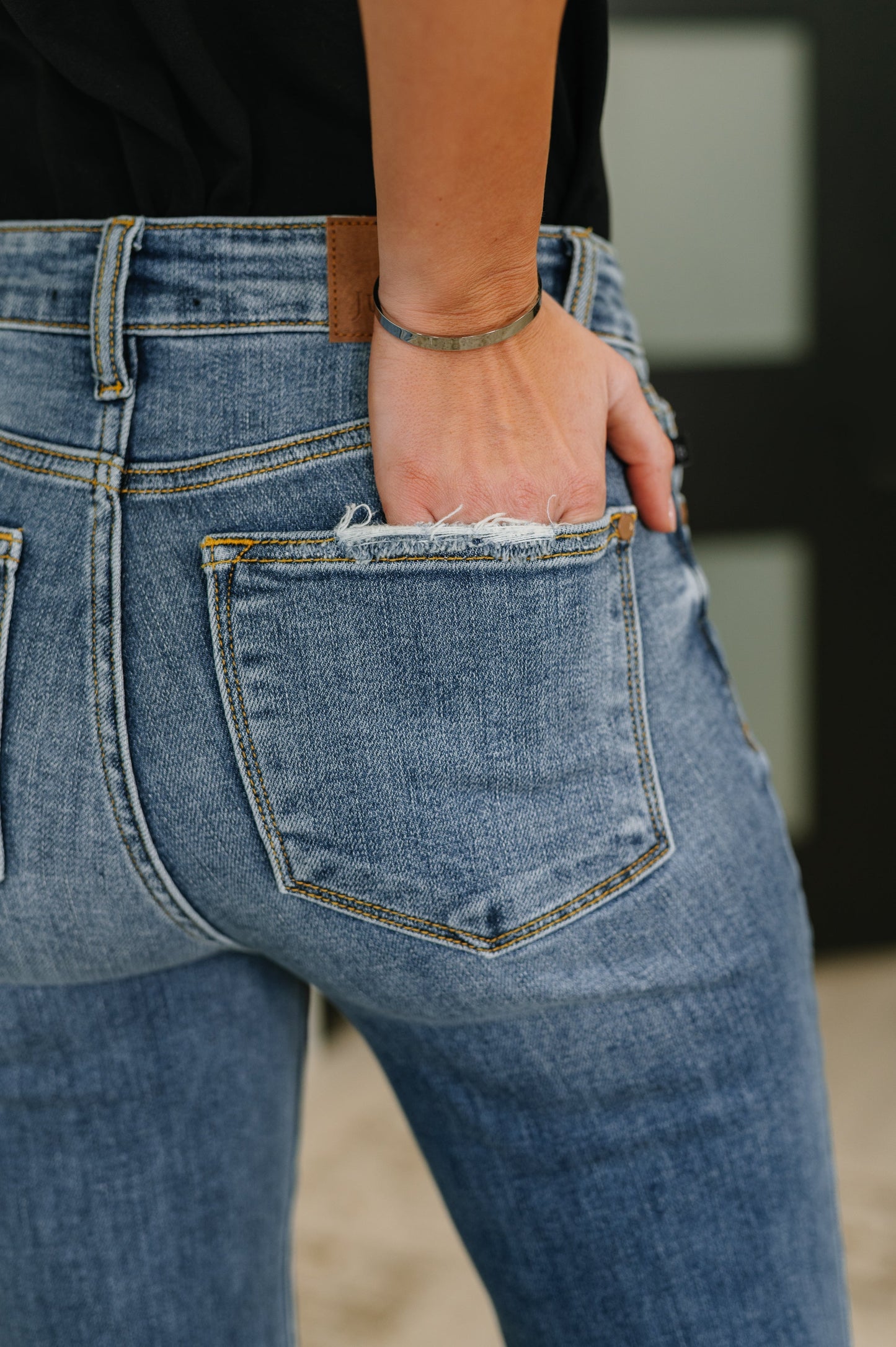 Hazel Blues® |  Marion Mid Rise Button Fly Flare with Destroy Fray Hem