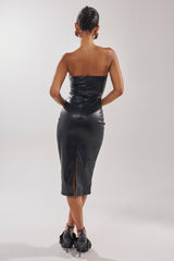 OH HOT DAMN FAUX LEATHER MIDI DRESS IN BLACK