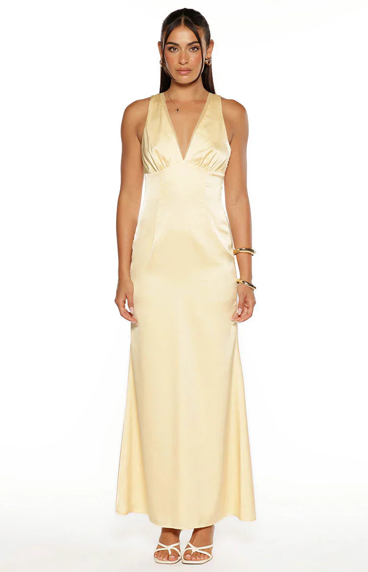 Nicolina Yellow Satin Formal Maxi Dress