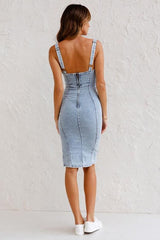 Short-sleeved U-neck Distressed Denim Dress