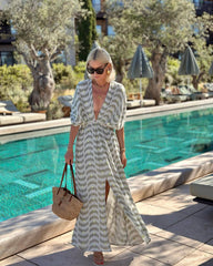 Printed V-neck waisted holiday dress