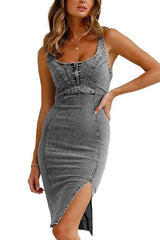 Short-sleeved U-neck Distressed Denim Dress