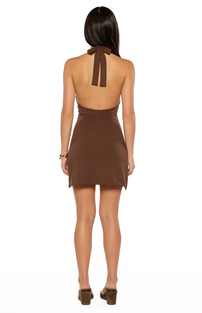 Oasis Brown Ruched Halter Neck Mini Dress
