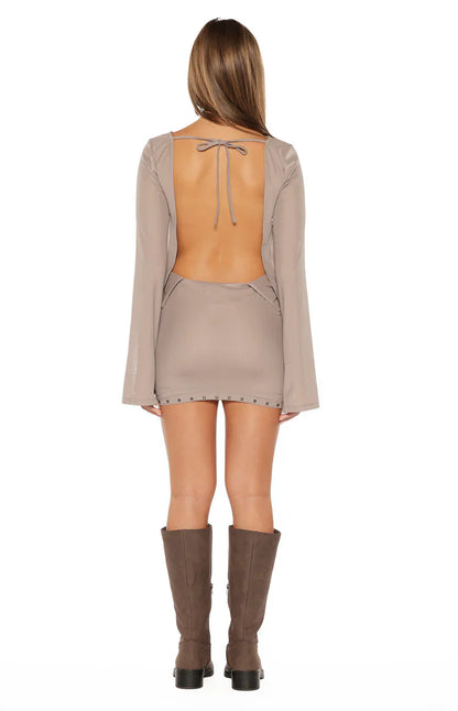 Obie Brown Sheer Mesh Stud Hem Mini Dress
