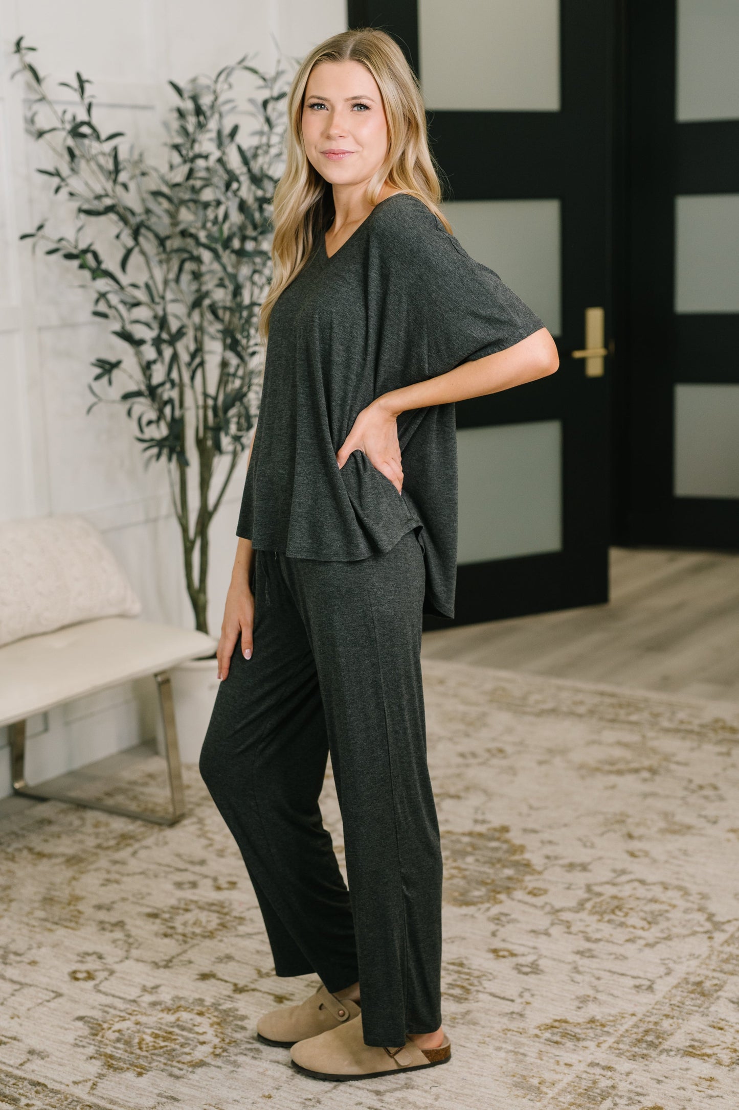 Hazel Blues® |  Ol' Reliable Top and Bottom Lounge Set in Charcoal