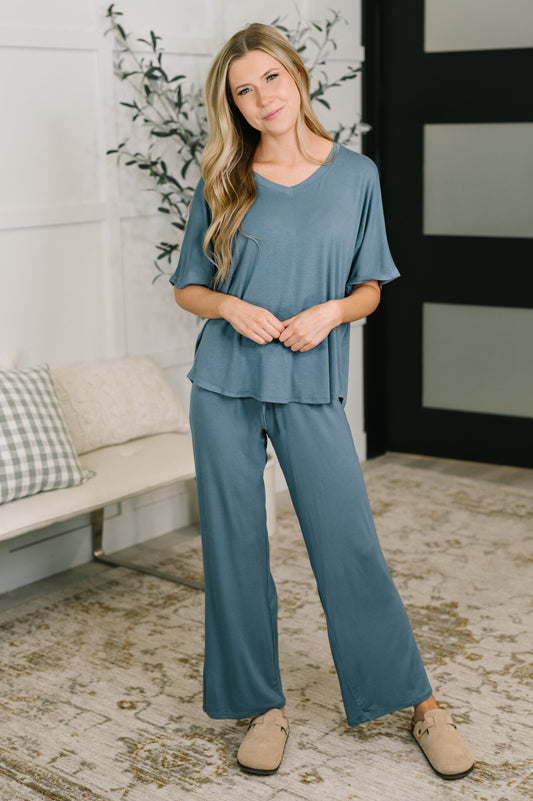 Hazel Blues® |  Ol' Reliable Top and Bottom Lounge Set in Dusty Blue