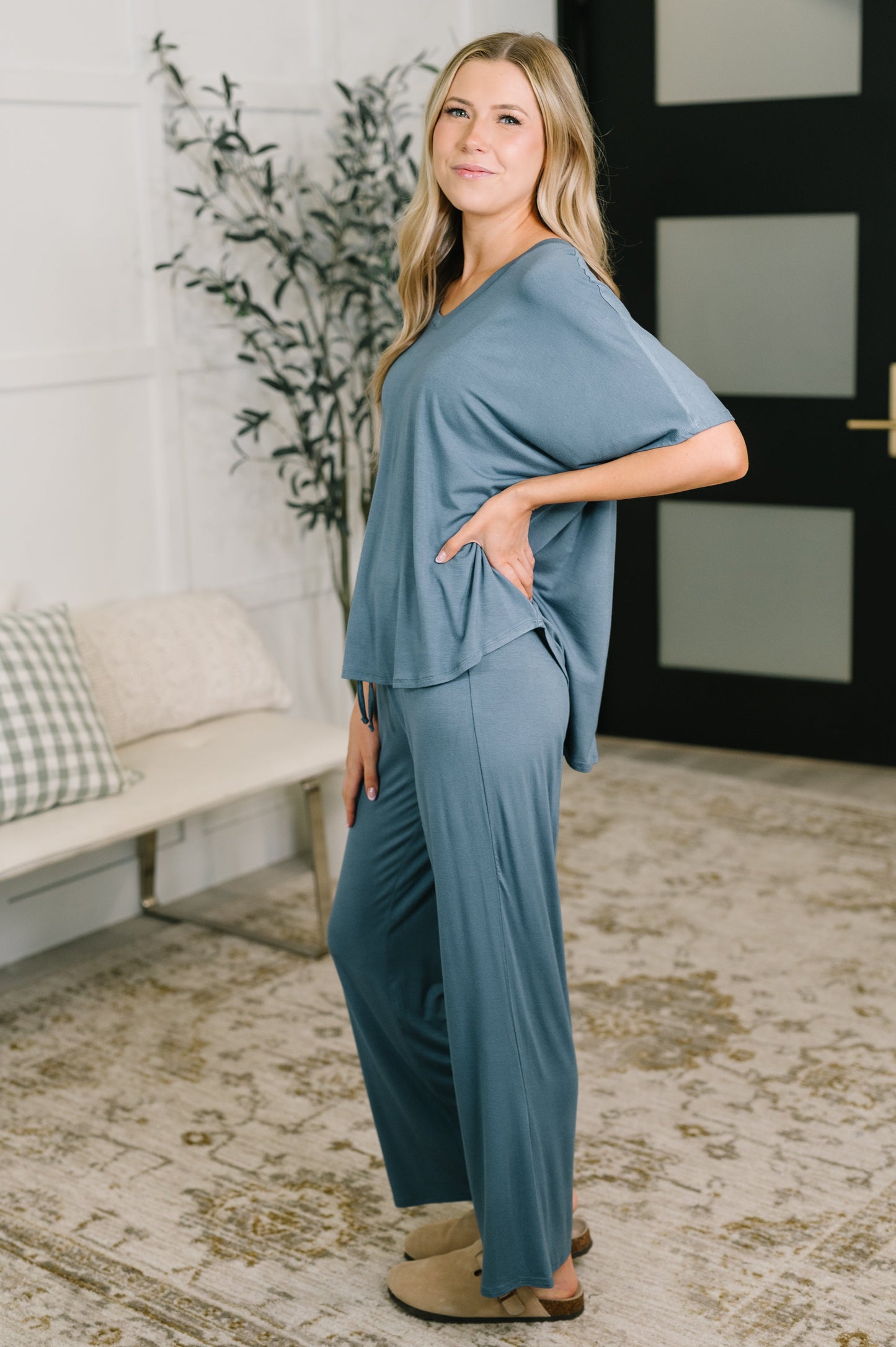 Hazel Blues® |  Ol' Reliable Top and Bottom Lounge Set in Dusty Blue