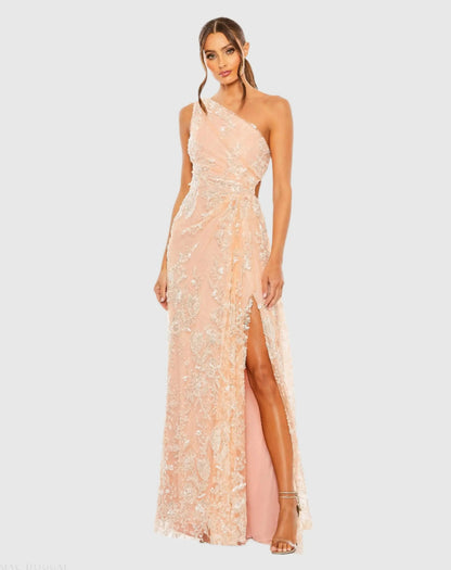 Pink One Shoulder Side Cut Embellished Gown