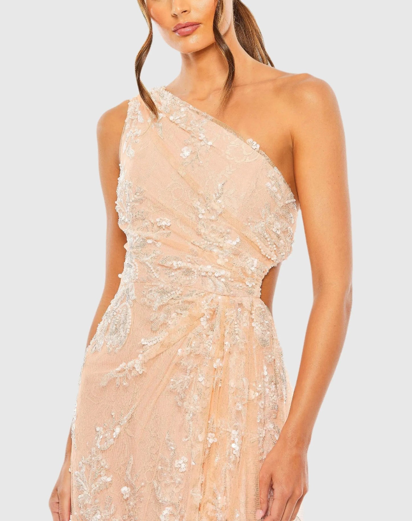 Pink One Shoulder Side Cut Embellished Gown