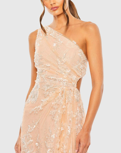 Pink One Shoulder Side Cut Embellished Gown