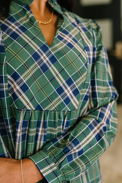 Hazel Blues® |  Plaid Perspective Split Neck Long Sleeve Dress