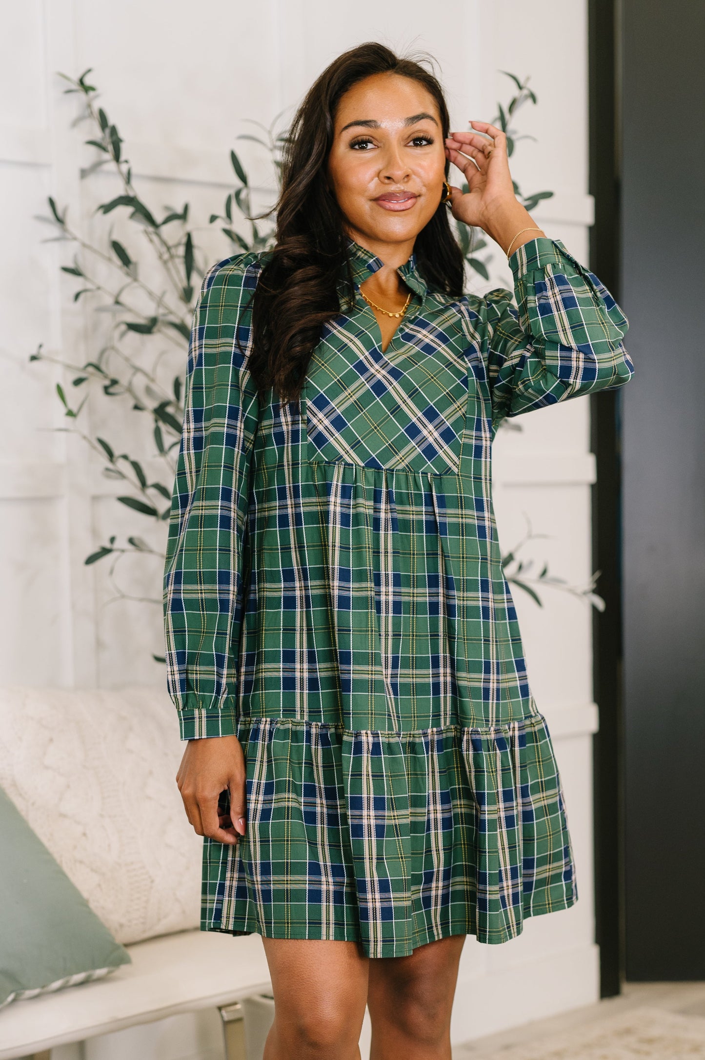 Hazel Blues® |  Plaid Perspective Split Neck Long Sleeve Dress