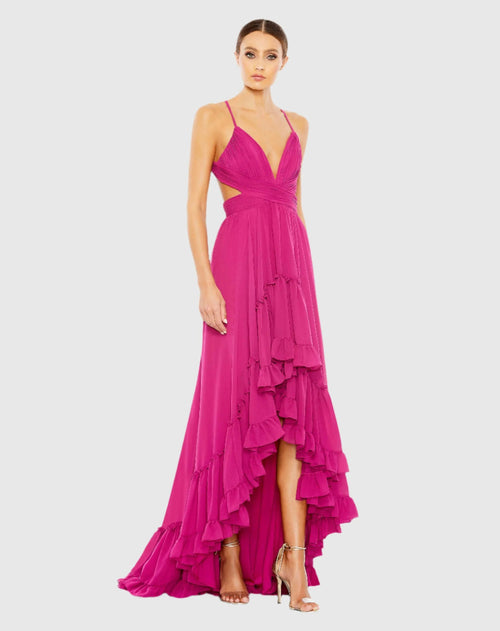 Pink Pleated High Low A-Line Gown With Ruffles