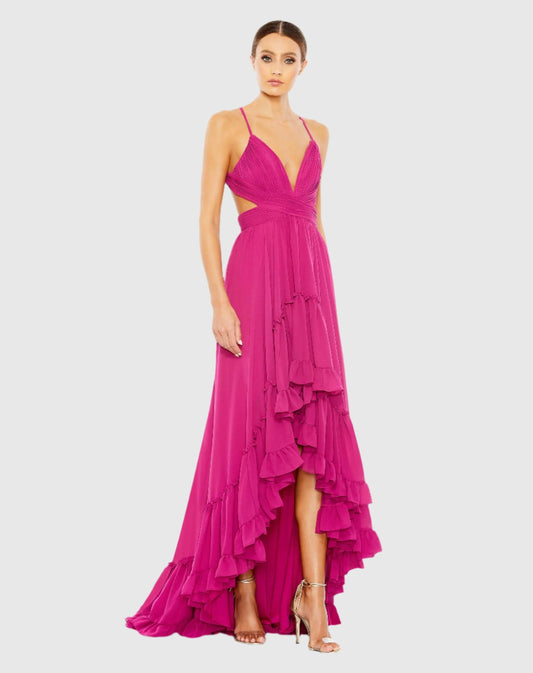 Pink Pleated High Low A-Line Gown With Ruffles