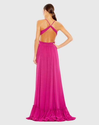 Pink Pleated High Low A-Line Gown With Ruffles