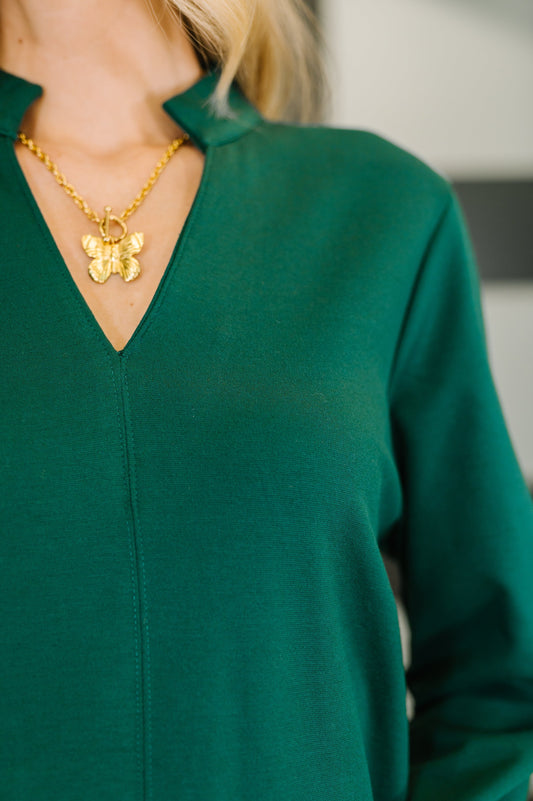 Hazel Blues® |  Portfolio Quarter Sleeve Dress in Hunter Green