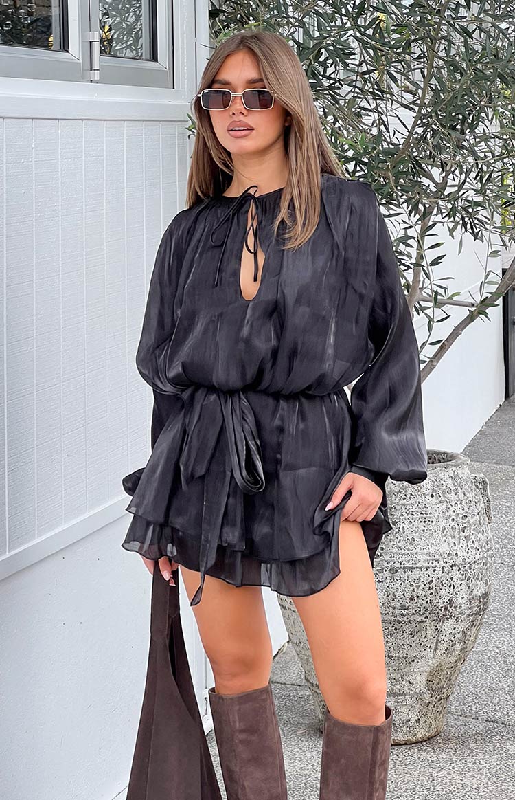 Quinton Black Satin Long Sleeve Tie Mini Dress