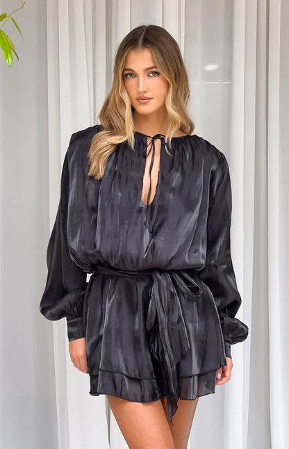 Quinton Black Satin Long Sleeve Tie Mini Dress