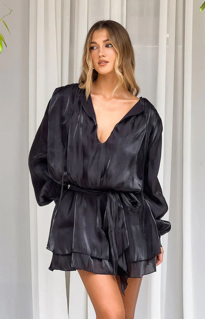 Quinton Black Satin Long Sleeve Tie Mini Dress
