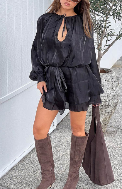 Quinton Black Satin Long Sleeve Tie Mini Dress