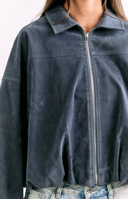 River Steel Grey Suedette Bubble Hem Bomber Jacket