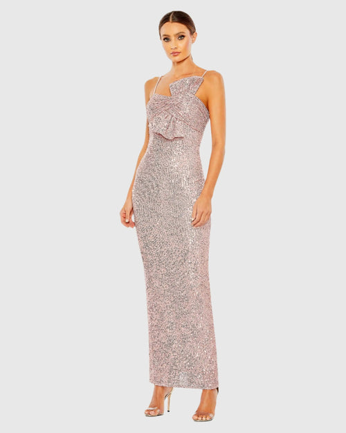 Pink Sequined Faux Bow Column Dress