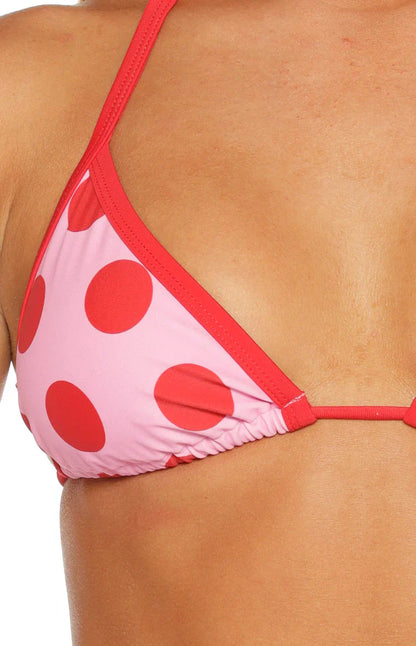 Sofie Pink and Red Polka Dot Contrast Bind Triangle Bikini Top