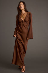 Strokes Mocha Long Sleeve Plunge Satin Maxi Dress