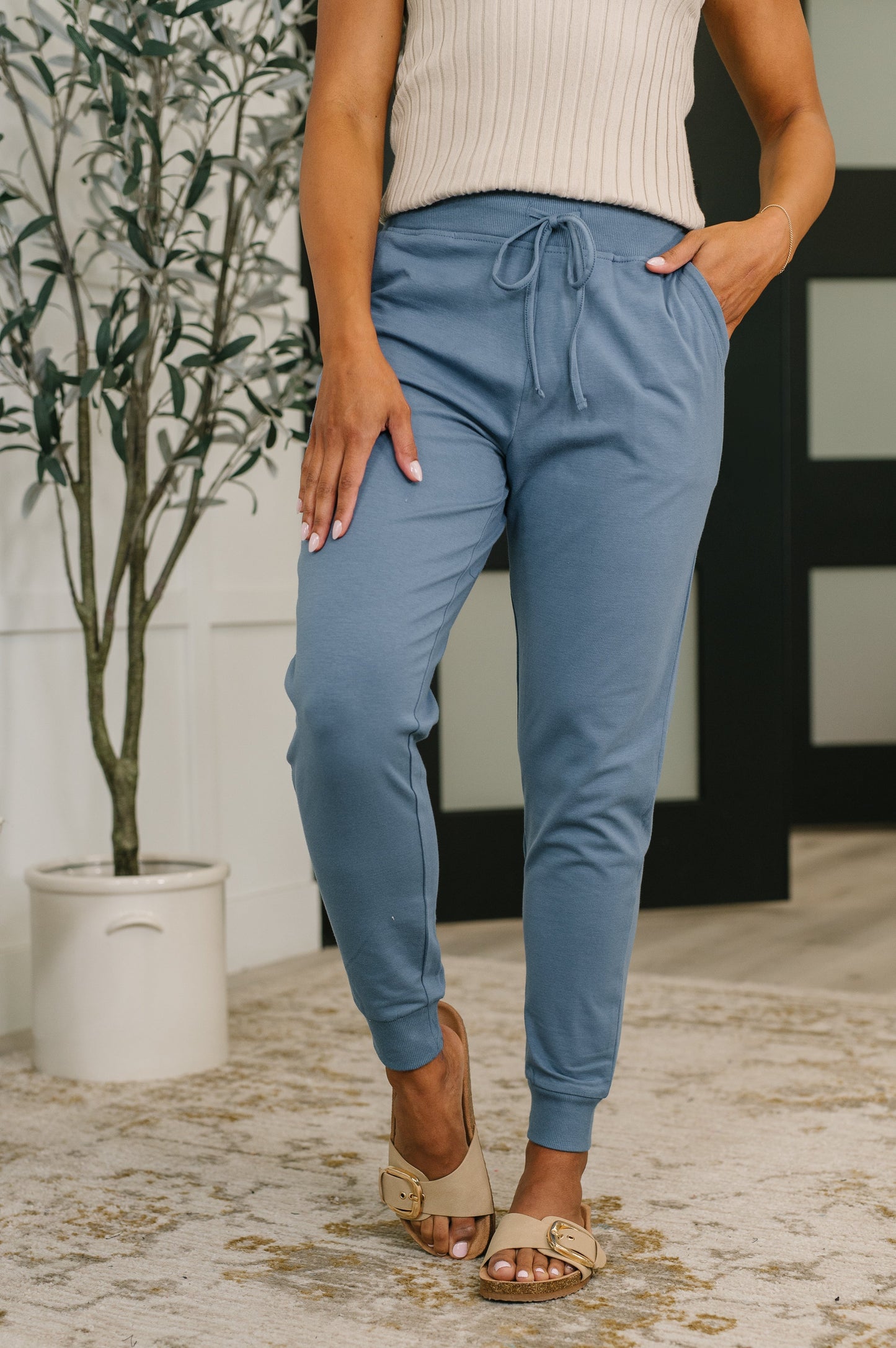 Hazel Blues® |  Sweat It High Waisted Joggers in Dusty Blue